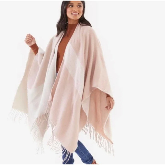 Soia & Kyo Yadira Pink Ivory Fringe Scarfigan Wrap Cozy Minimalist OS - Picture 1 of 7